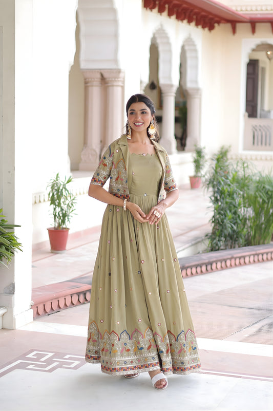 Elegant Olive Green Vichitra Silk Embroidered Gown with Printed Border and Koti