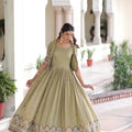 Elegant Olive Green Vichitra Silk Embroidered Gown with Printed Border and Koti