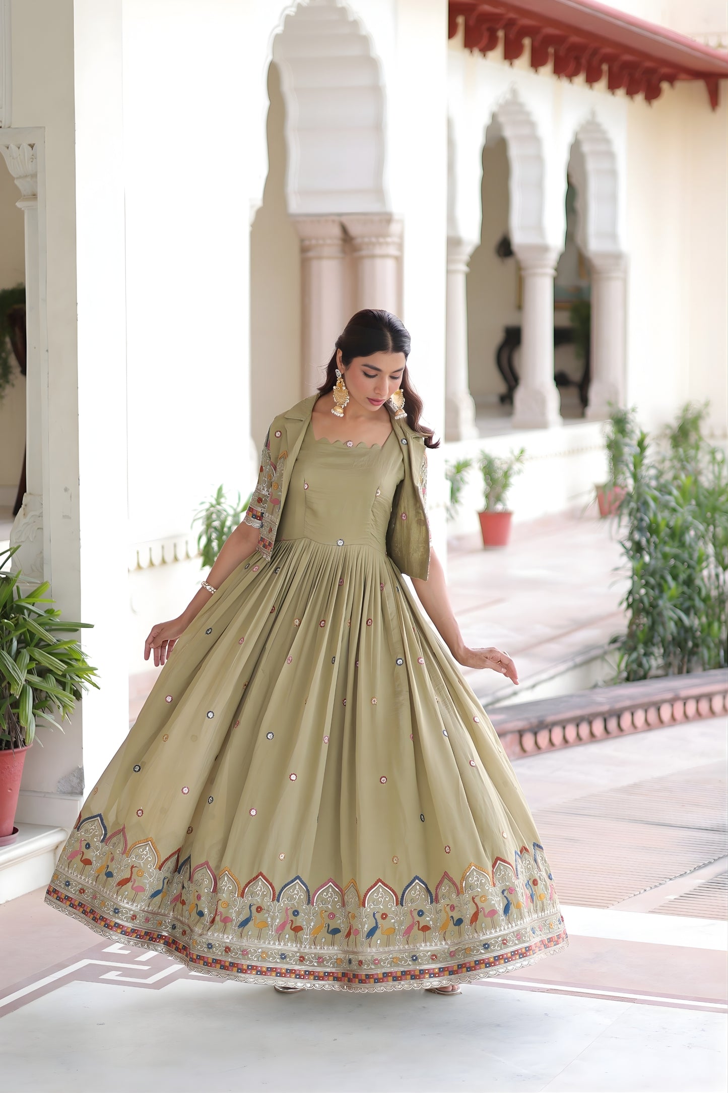 Elegant Olive Green Vichitra Silk Embroidered Gown with Printed Border and Koti
