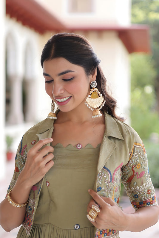 Elegant Olive Green Vichitra Silk Embroidered Gown with Printed Border and Koti