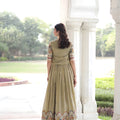 Elegant Olive Green Vichitra Silk Embroidered Gown with Printed Border and Koti