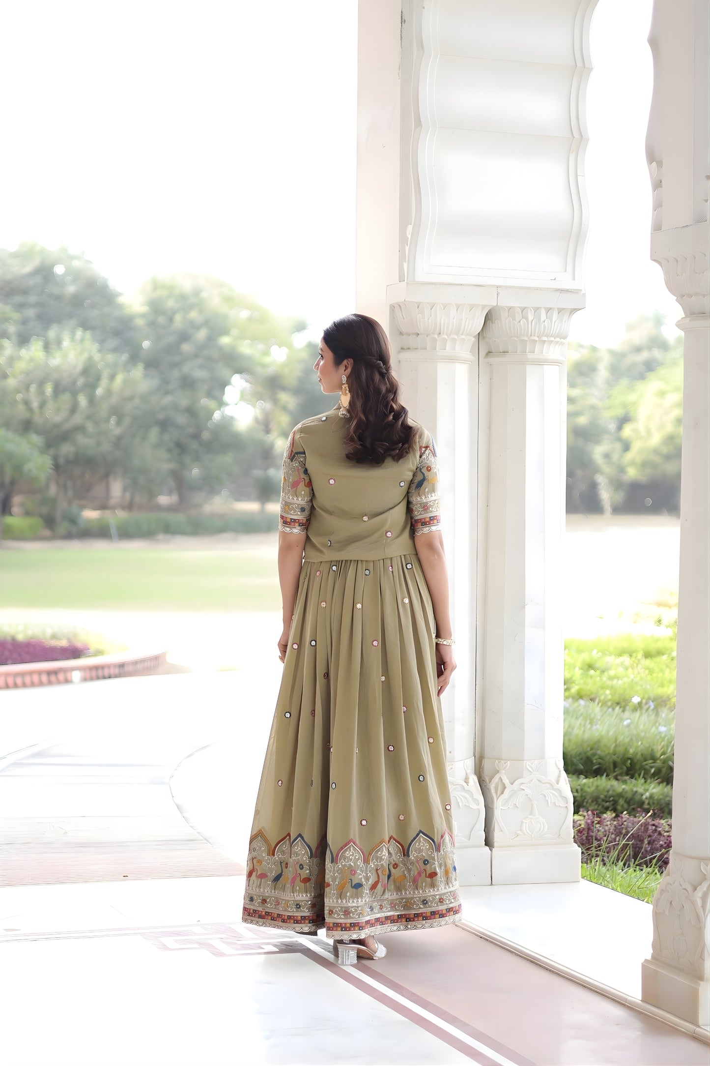 Elegant Olive Green Vichitra Silk Embroidered Gown with Printed Border and Koti