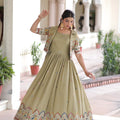 Elegant Olive Green Vichitra Silk Embroidered Gown with Printed Border and Koti