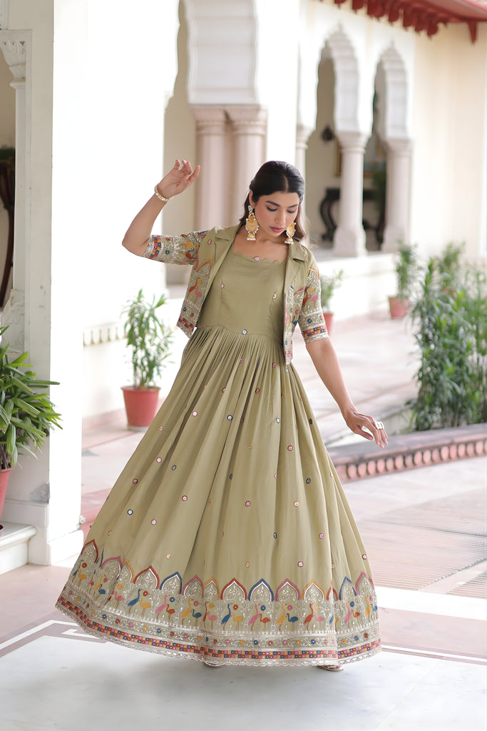 Elegant Olive Green Vichitra Silk Embroidered Gown with Printed Border and Koti