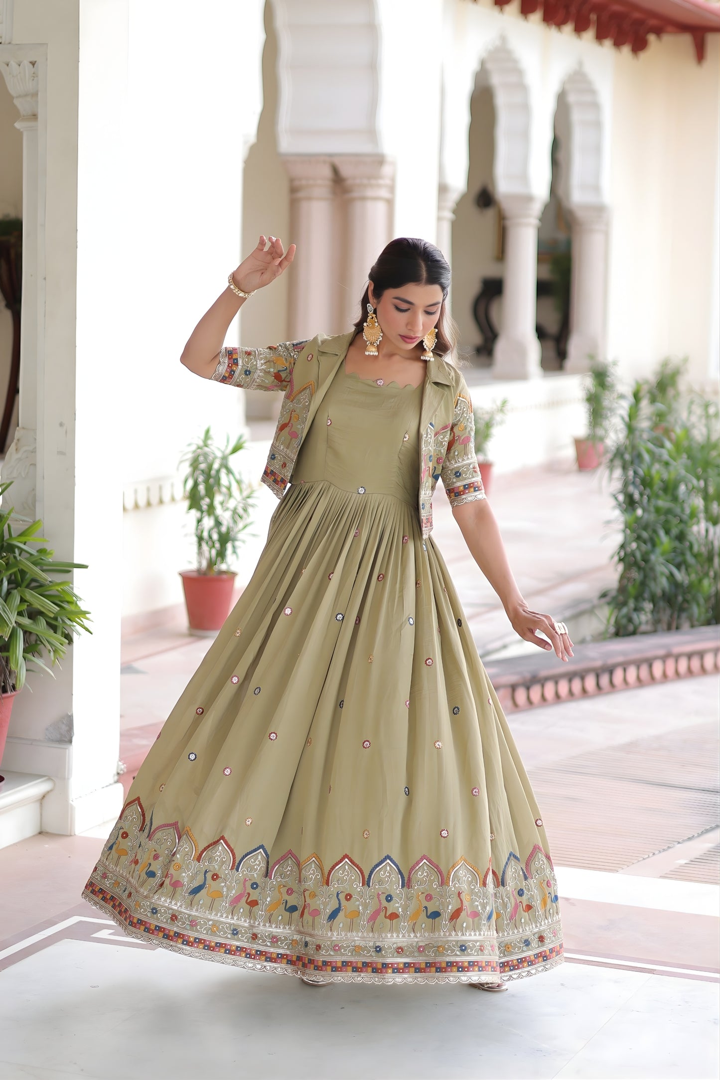 Elegant Olive Green Vichitra Silk Embroidered Gown with Printed Border and Koti