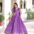 Unique Purple Vichitra Silk Embroidered Gown with Printed Border and Koti