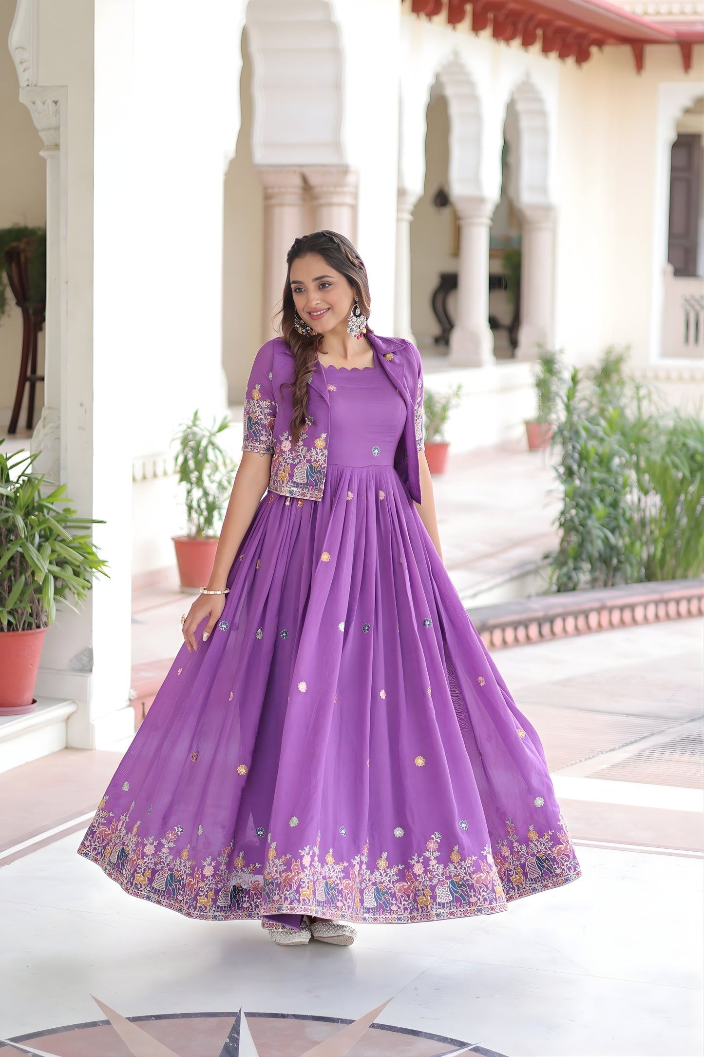 Unique Purple Vichitra Silk Embroidered Gown with Printed Border and Koti