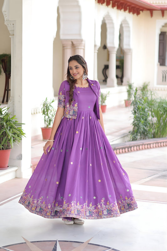 Unique Purple Vichitra Silk Embroidered Gown with Printed Border and Koti