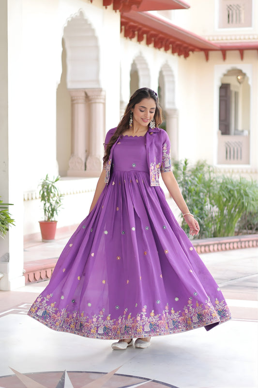 Unique Purple Vichitra Silk Embroidered Gown with Printed Border and Koti