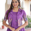 Unique Purple Vichitra Silk Embroidered Gown with Printed Border and Koti