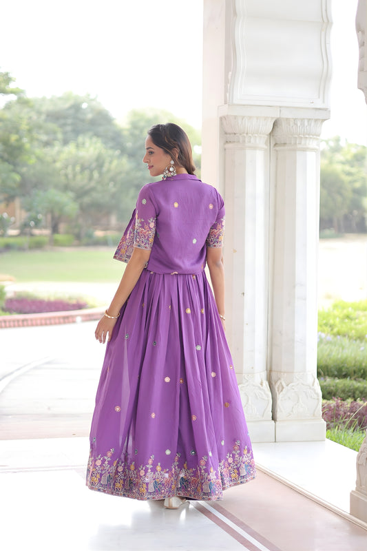Unique Purple Vichitra Silk Embroidered Gown with Printed Border and Koti