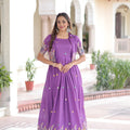 Unique Purple Vichitra Silk Embroidered Gown with Printed Border and Koti