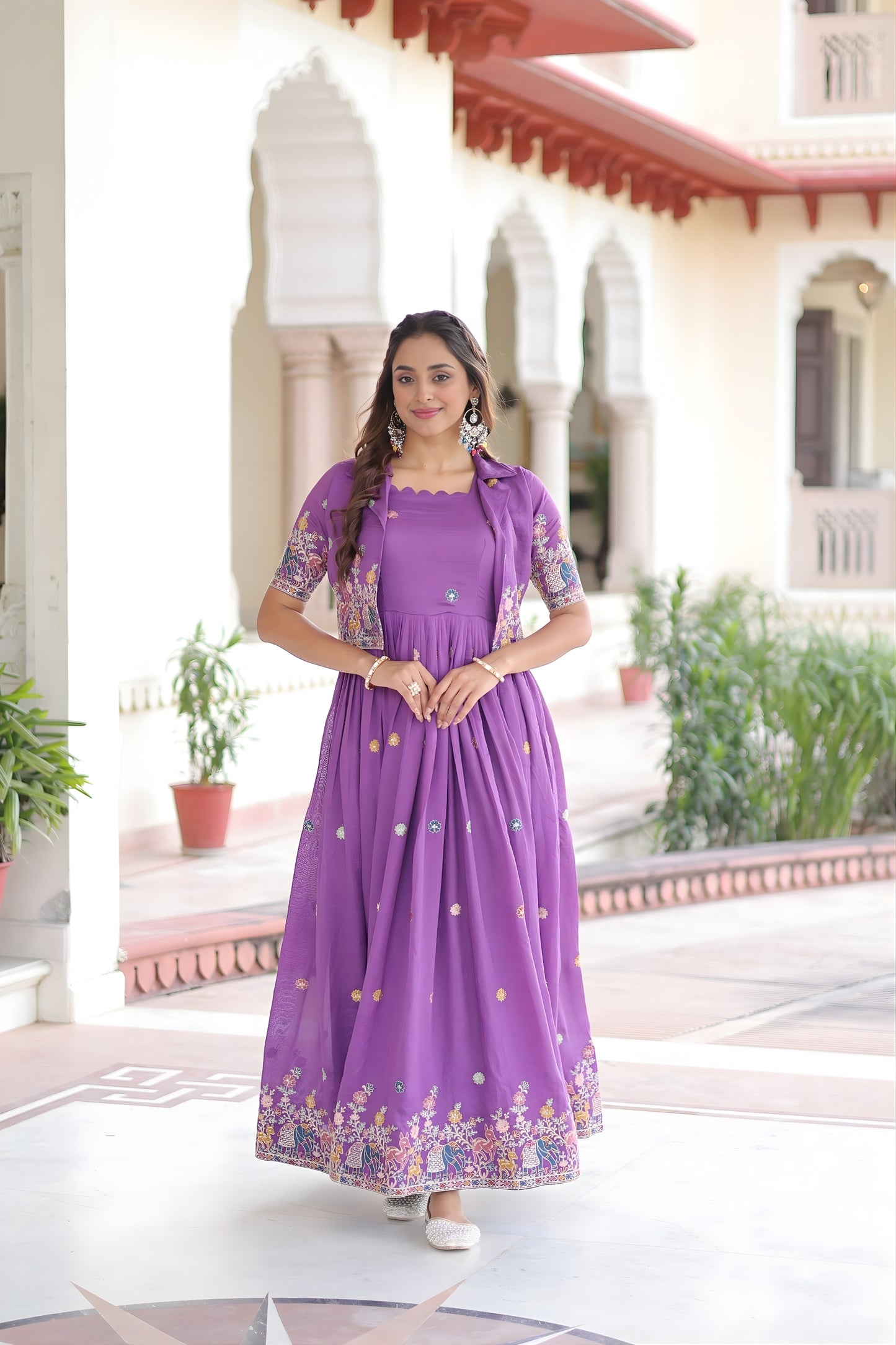 Unique Purple Vichitra Silk Embroidered Gown with Printed Border and Koti
