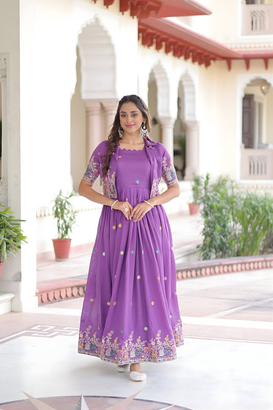 Unique Purple Vichitra Silk Embroidered Gown with Printed Border and Koti