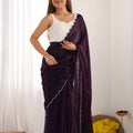 Wine Purple Georgette Saree with Scalloped Border Party Wear Saree 
