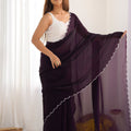 Wine Purple Georgette Saree with Scalloped Border Party Wear Saree
