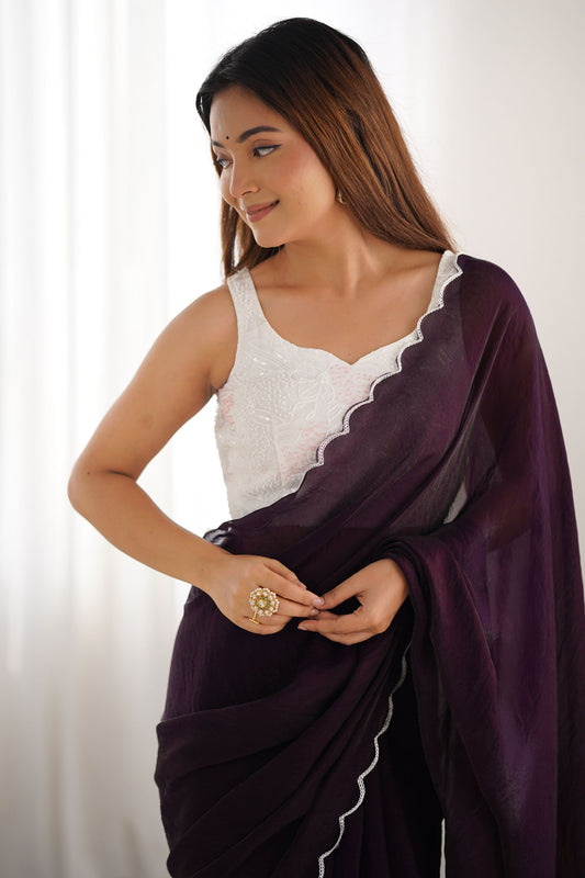 Wine Purple Georgette Saree with Scalloped Border Party Wear Saree