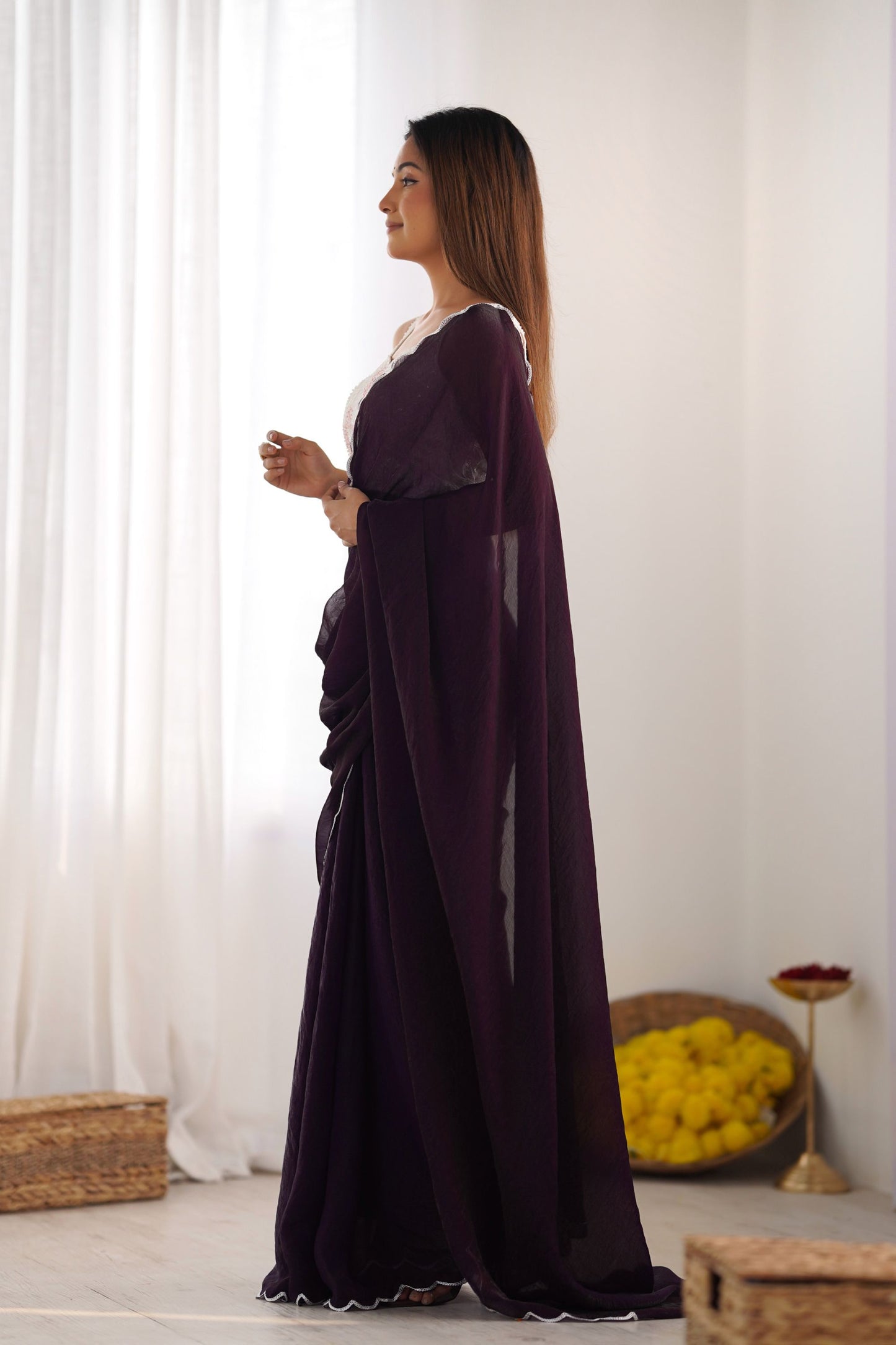 Wine Purple Georgette Saree with Scalloped Border Party Wear Saree