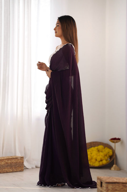 Wine Purple Georgette Saree with Scalloped Border Party Wear Saree