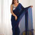Navy Blue Georgette Saree with Pink Scalloped Border Party Wear Saree