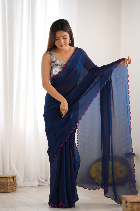 Navy Blue Georgette Saree with Pink Scalloped Border Party Wear Saree
