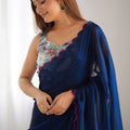 Navy Blue Georgette Saree with Pink Scalloped Border Party Wear Saree