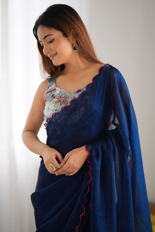 Navy Blue Georgette Saree with Pink Scalloped Border Party Wear Saree