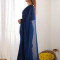 Navy Blue Georgette Saree with Pink Scalloped Border Party Wear Saree