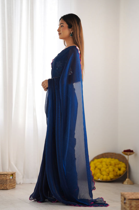 Navy Blue Georgette Saree with Pink Scalloped Border Party Wear Saree