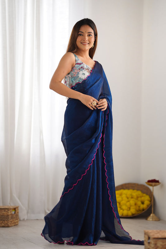 Navy Blue Georgette Saree with Pink Scalloped Border Party Wear Saree