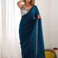 Teal Blue Georgette Saree with Pink Scalloped Border Party Wear Saree