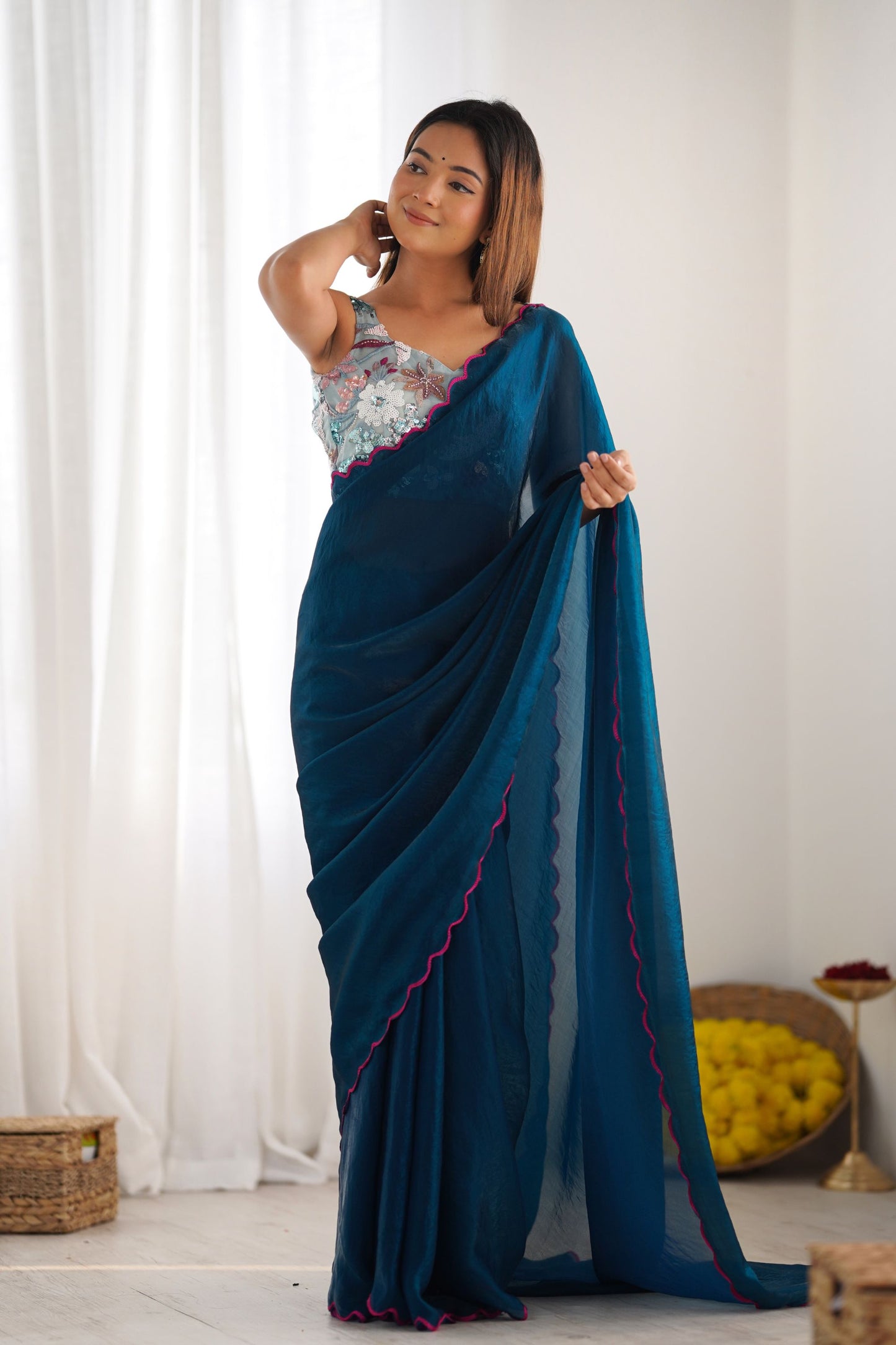 Teal Blue Georgette Saree with Pink Scalloped Border Party Wear Saree