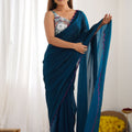 Teal Blue Georgette Saree with Pink Scalloped Border Party Wear Saree