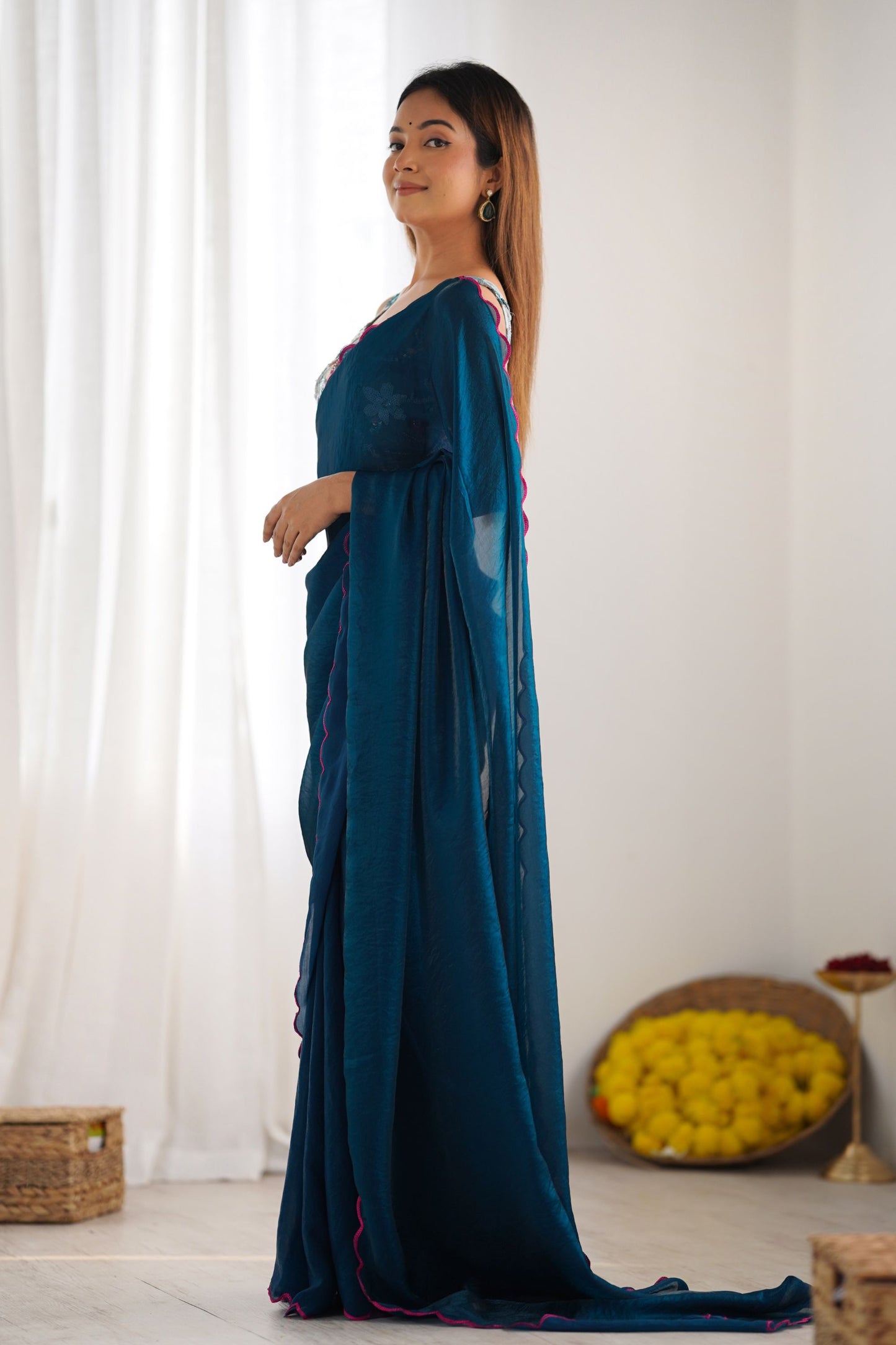 Teal Blue Georgette Saree with Pink Scalloped Border Party Wear Saree