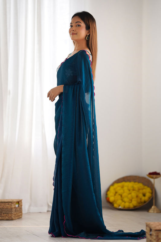 Teal Blue Georgette Saree with Pink Scalloped Border Party Wear Saree