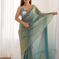 Sea Green Georgette Saree with Pink Scalloped Border Party Wear Saree