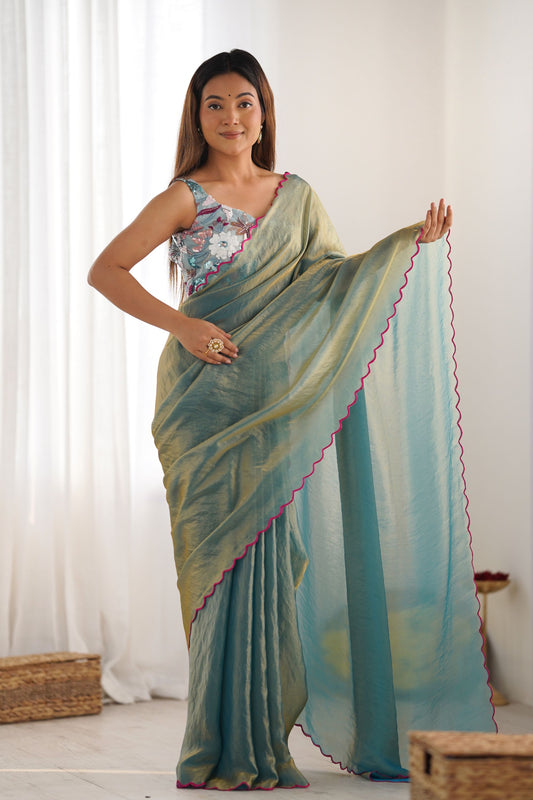 Sea Green Georgette Saree with Pink Scalloped Border Party Wear Saree