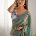 Sea Green Georgette Saree with Pink Scalloped Border Party Wear Saree