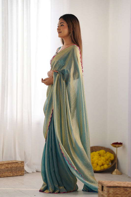 Sea Green Georgette Saree with Pink Scalloped Border Party Wear Saree