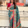 Teal Green Printed Silk Saree with Multicolor Traditional Border