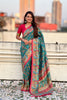 Teal Green Printed Silk Saree with Multicolor Traditional Border