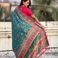 Teal Green Printed Silk Saree with Multicolor Traditional Border