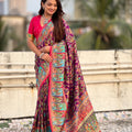 Wine Purple Printed Silk Saree with Multicolor Traditional Border