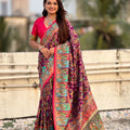 Wine Purple Printed Silk Saree with Multicolor Traditional Border