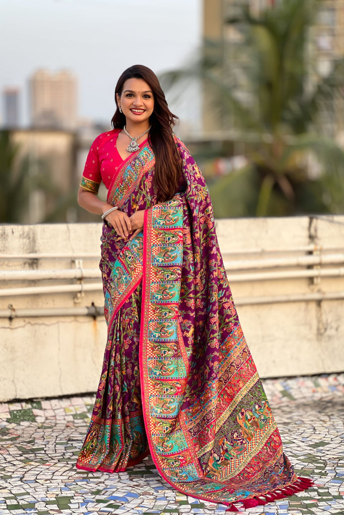 Wine Purple Printed Silk Saree with Multicolor Traditional Border