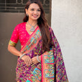 Wine Purple Printed Silk Saree with Multicolor Traditional Border