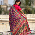 Wine Purple Printed Silk Saree with Multicolor Traditional Border