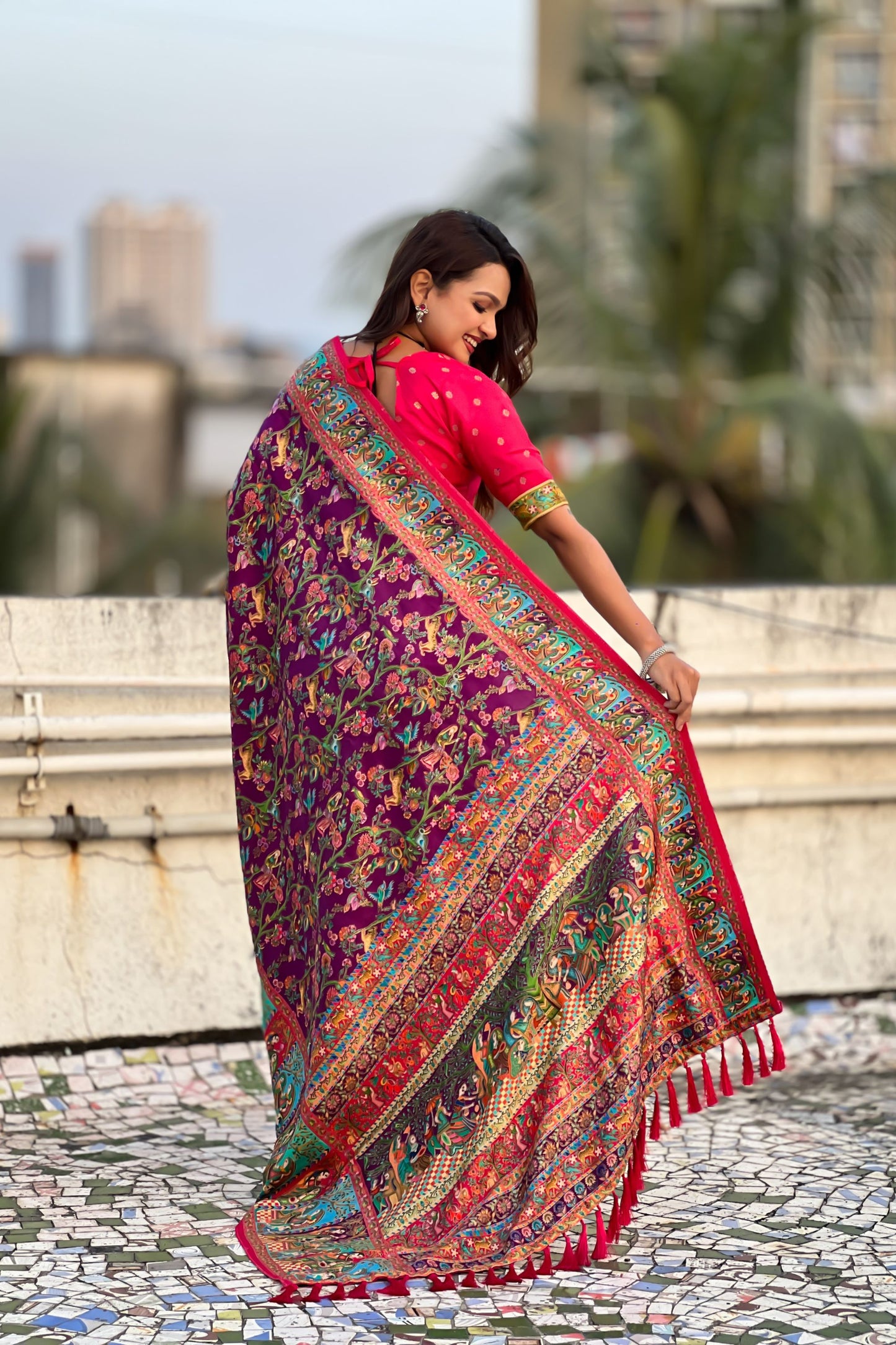 Wine Purple Printed Silk Saree with Multicolor Traditional Border