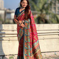 Red Printed Silk Saree Multicolor Traditional Border And Teal Blue Blouse
