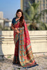 Red Printed Silk Saree Multicolor Traditional Border And Teal Blue Blouse